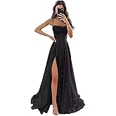 FoinLuve Glitter Sequin Prom Dresses for Women 2025 Long Cowl Neck Sparkly Corset Formal Evening Gowns with Pockets