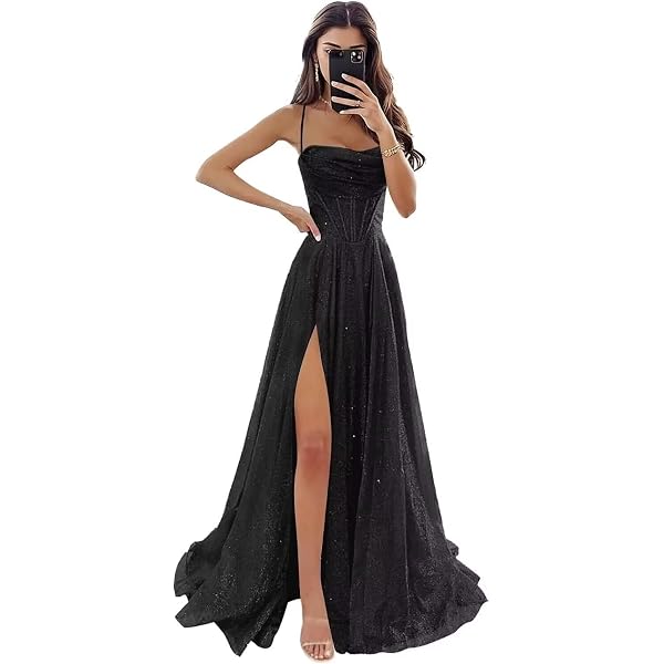 black corset dresses for prom A-Line Corset Sparkly Tulle Black Prom Dress with Slit 2025 Ball Gown Cowl  Neck Backless Corset Formal Ball Gown for Teens 0 at Amazon Women's Clothing  store