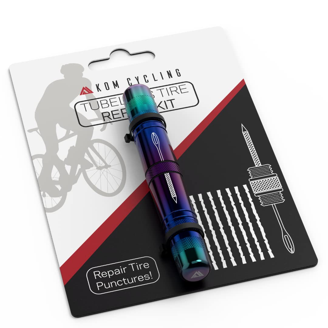 KOM Cycling Tubeless Tyre Repair Kit for Bikes – 9 Colors! Fixes Mountain Bike and Road Bicycle Tyre Punctures – Includes Tyre Repair Fork and Reamer, 8 Bacon Strips. Tubeless Repair (Iridescent)