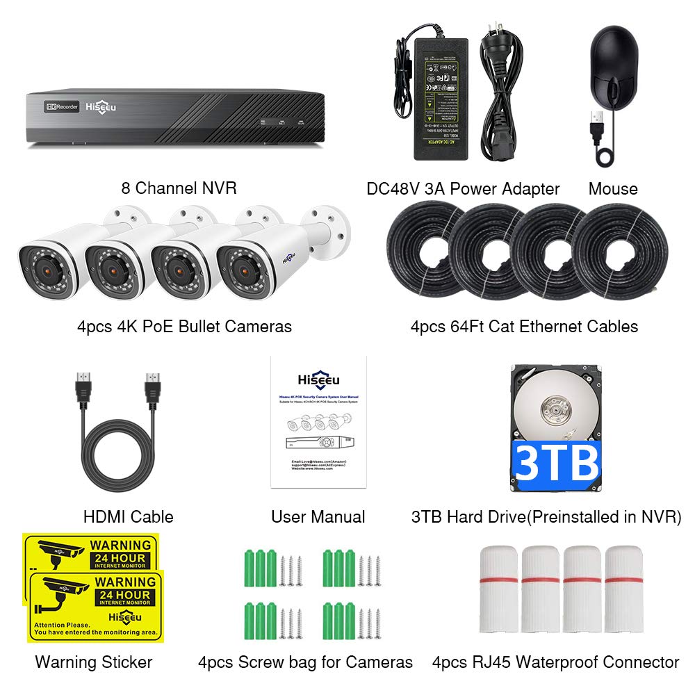 Hiseeu 4K PoE Security Camera System, 8CH 8MP Home Surveillance NVR System with 3TB HDD, 4Pcs 4K IP Wired Camera with Night Vision for Indoor Outdoor Security, 30 Days Video/Audio Loops Recording