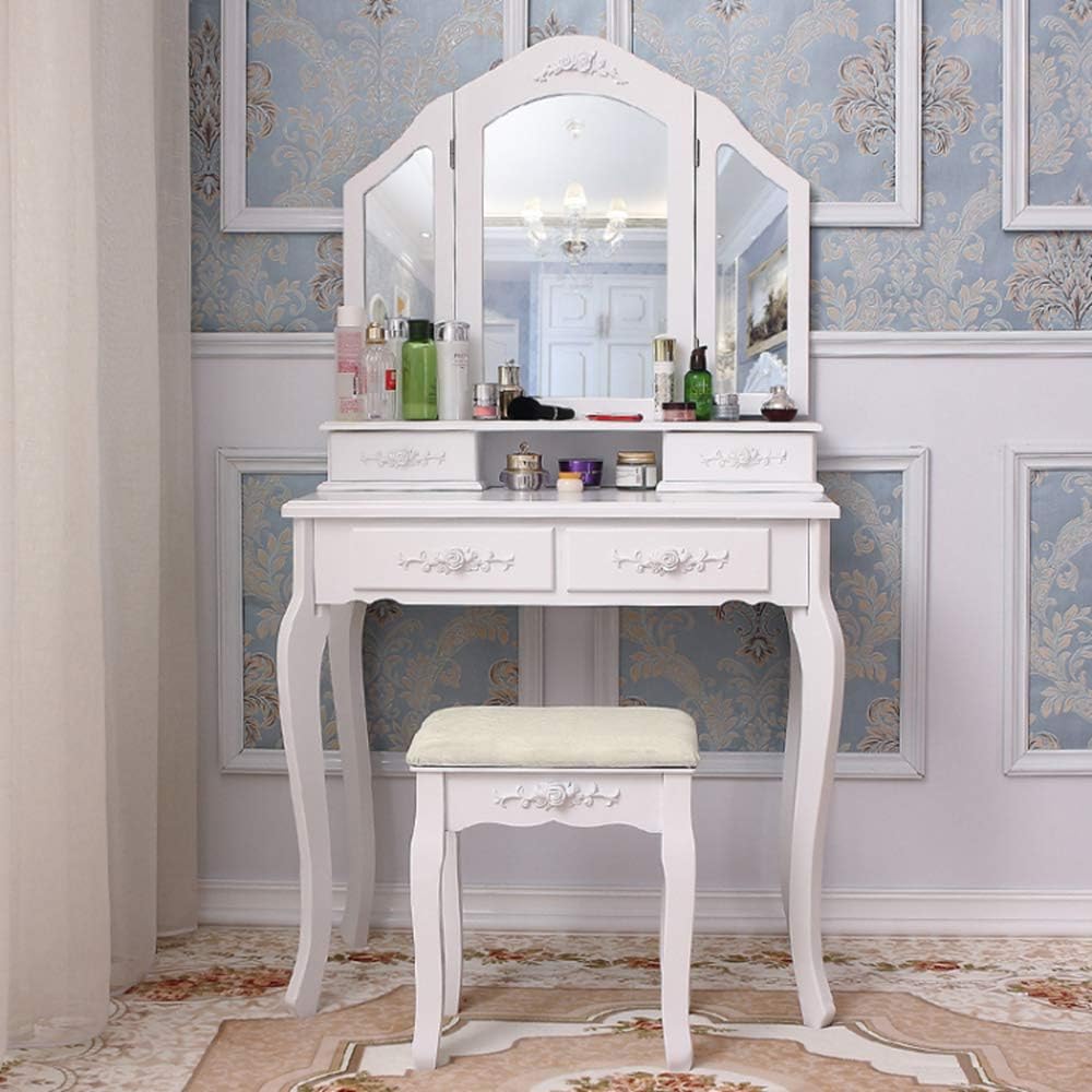 Wooden Dressing Table Set with Stool, Trifold Mirror and 4 Drawers Modern Vanity Makeup Desk