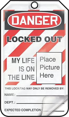 Accuform Signs Mlt609Lpp Self-Laminating Lockout Tag, Legend "Danger Locked Out My Life Is On The Line (Place Picture Here)", 5.75" Length X 3.25" Width X 0.015" Thickness, Rp-Plastic, Red/ Black On White (Pack Of 25) (846642047641)