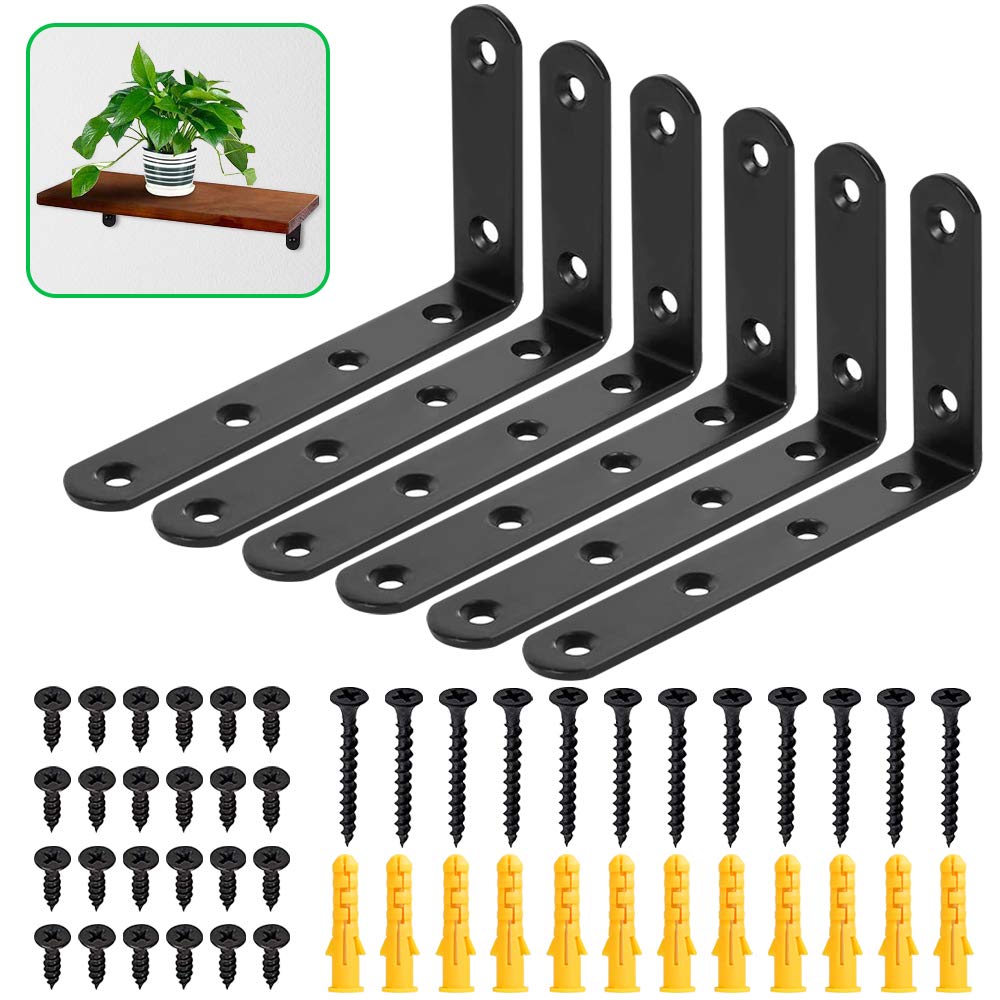 6 Pcs Wall Shelves Brackets Floating Shelf Brackets Heavy Duty Supports Screws and Wall Plugs Set 90 Degree Angle Metal Brackets Black L Shaped（75x125mm）