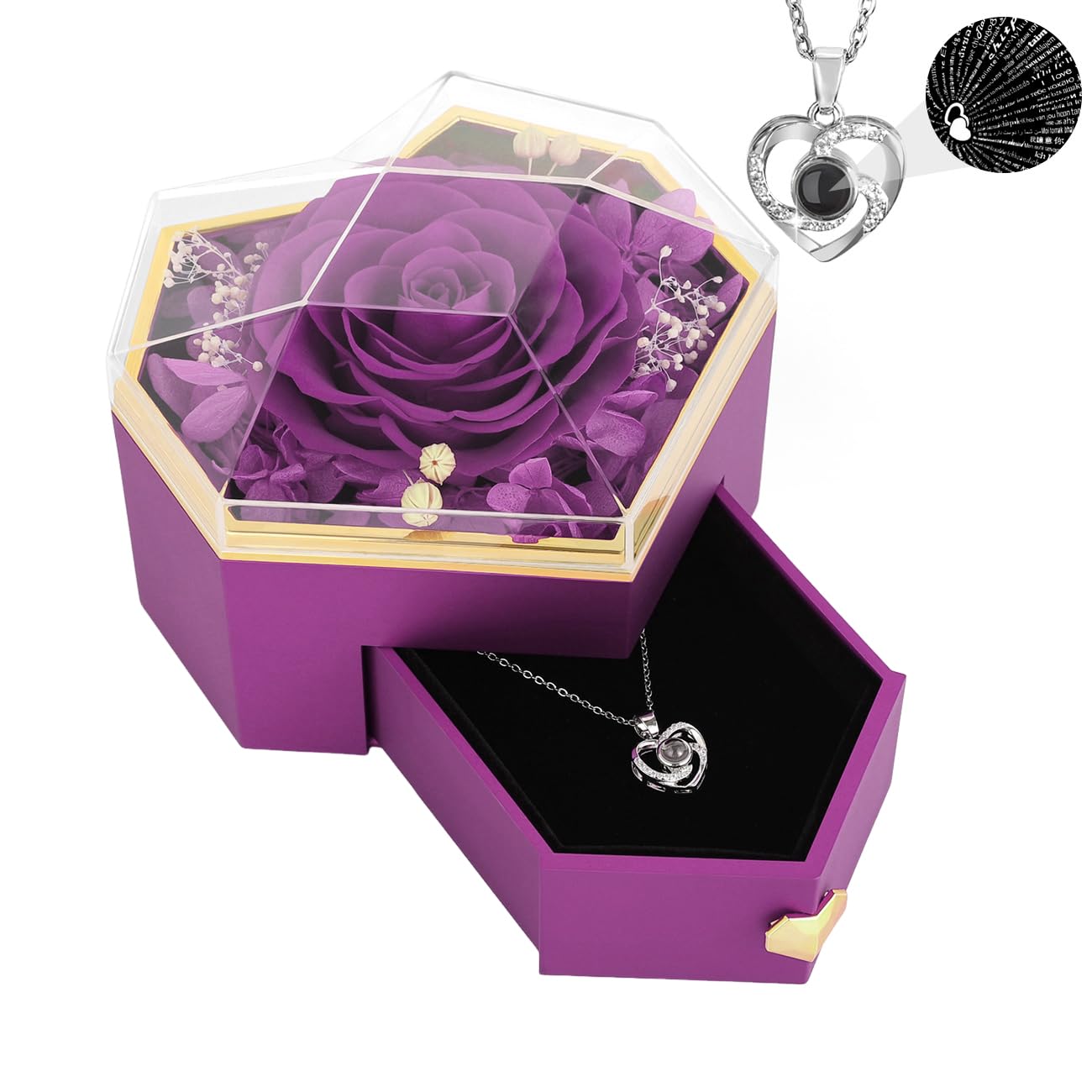 Emibele Preserved Real Rose with Heart Necklace, Eternal Flowers Rose Box with I Love You Necklace 100 Languages, Preserved Rose Jewelry Gift for Mom Women Wife Mother Valentine Day Grandma, Purple