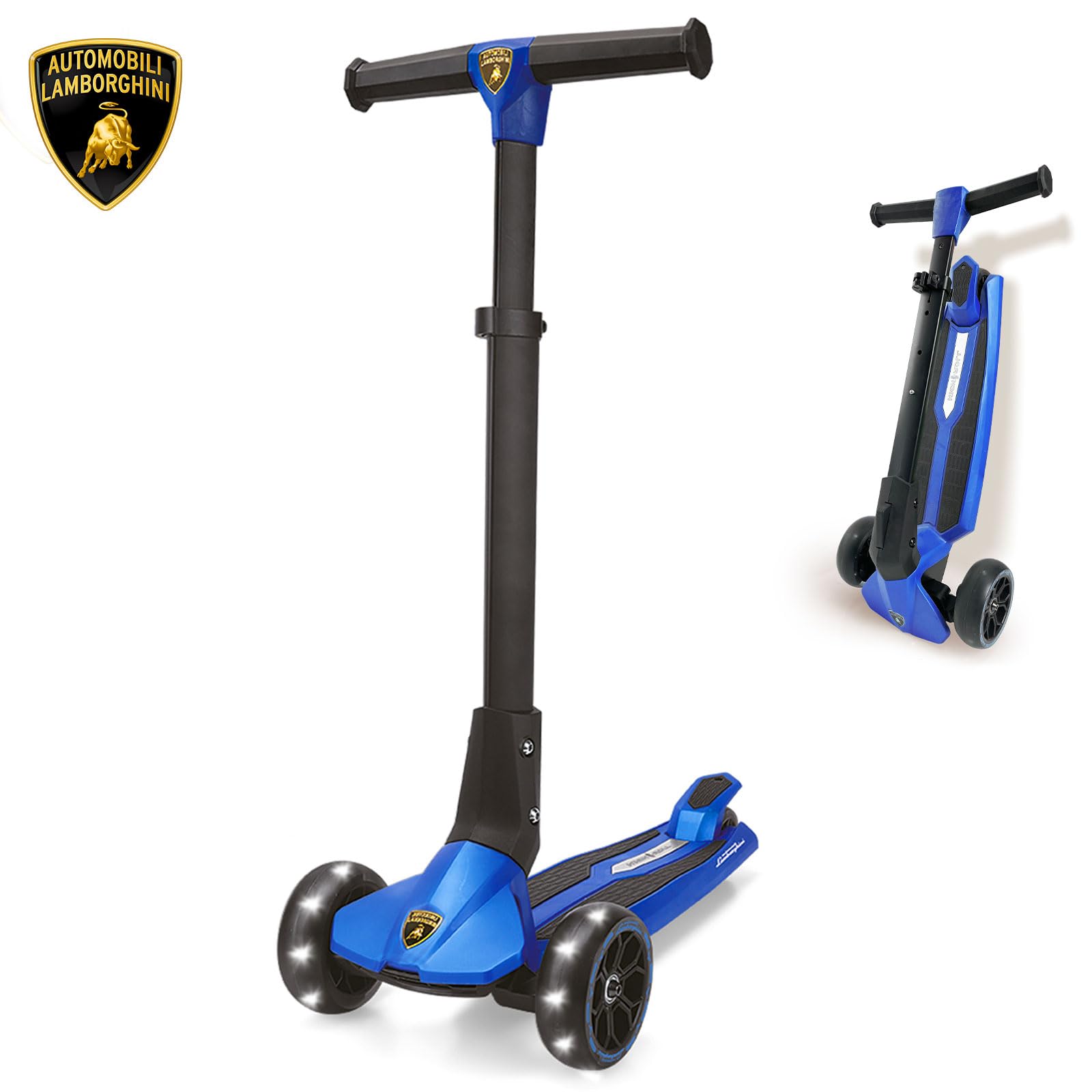 Lamborghini Scooter for Kids Ages 3-10, 3 Wheel Kids Scooter with Light-up Wheels, Adjustable Height, Foldable, Lean to Steer, Kick n Roll for 3+ Year Old Toddlers Girls Boys- Blue& Black