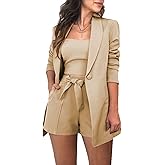 3 Piece Blazer Sets for Women Open Front Button Blazer + Crop Tops + Shorts Bottoms with Belt Business Suit Sets