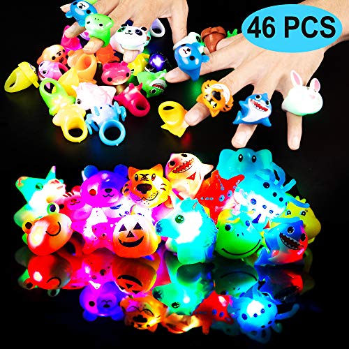 Party Favor for Kids 46 Pack LED Light Up Rings Bulk Toys Jelly Birthday Gift Blinky Glow in The Dark Party Supplies 36 Rings and 10 Sheets Tattoo Stickers for Kids Boys Girls