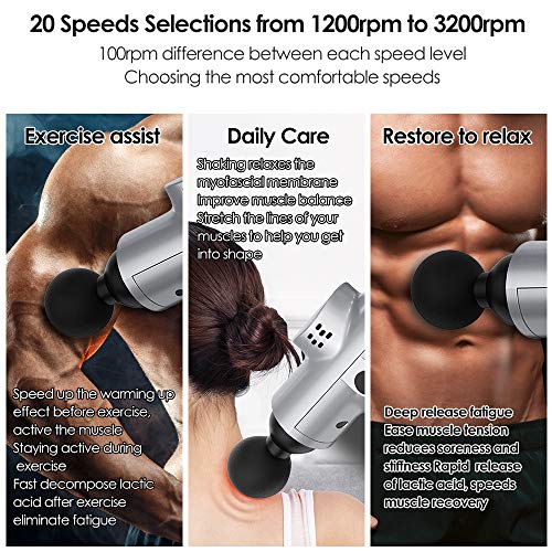 ORDORA Massage Gun with 20 Speeds, 6 Heads, Deep Tissue Percussion Massager for Athletes Muscle Relaxation Pain Relief, Massagers for Neck and Back, Quiet Cordless Electric Handheld Massager
