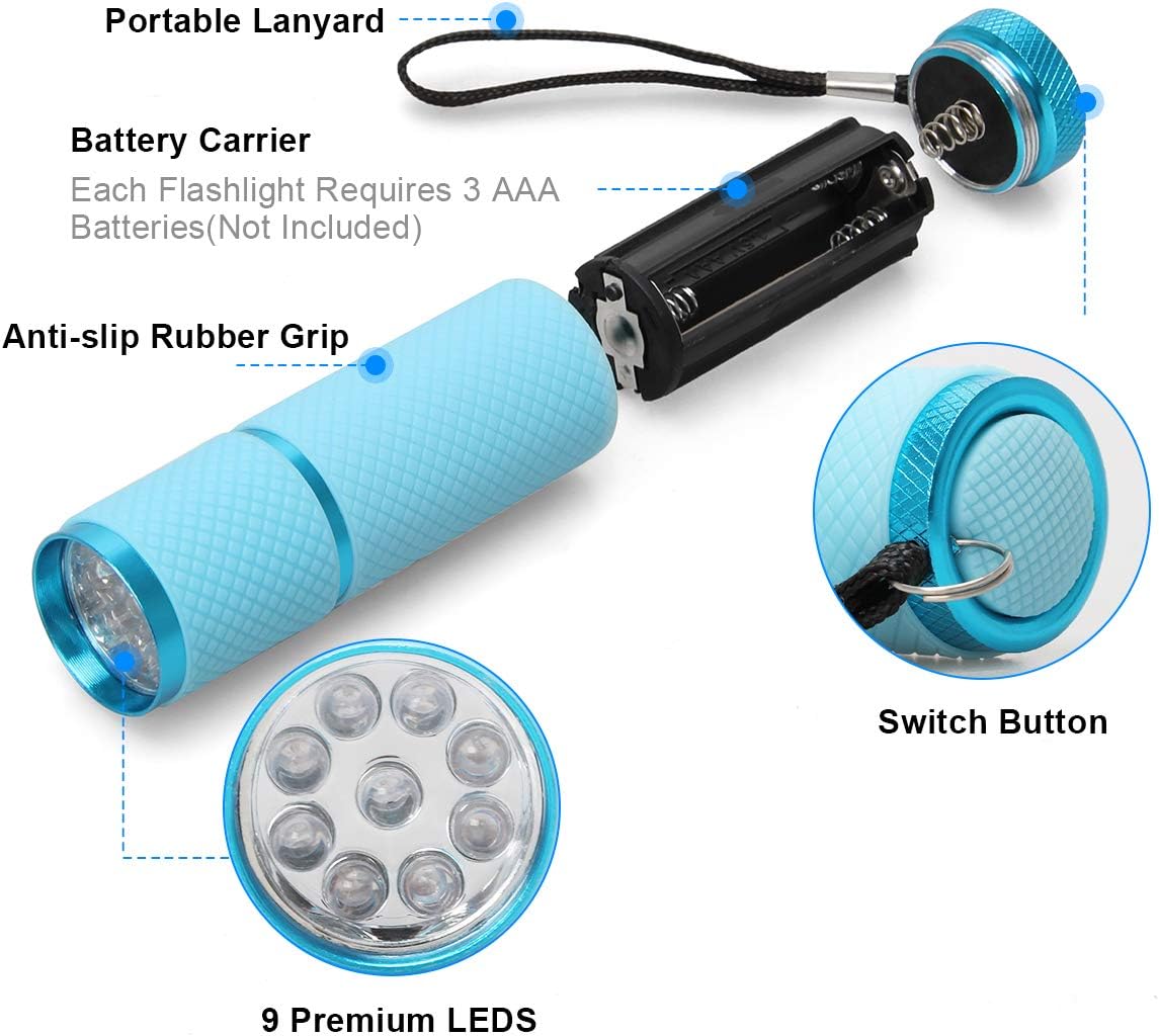 Adecco LLC 9 LED Glow in Dark Flashlights, 4 Pack Rubber Coated Flashlights with Straps, Portable Handy Lights for Camping, Hiking, Indoor, Assorted Colors - - 