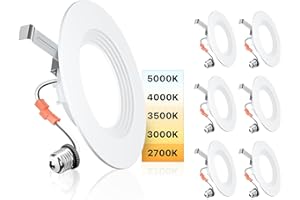 Ensenior 5/6 Inch 5CCT LED Can Lights 6 Pack, Retrofit Led Recessed Lighting, Baffle Trim, Dimmable, 9W=110W, 1000LM, 2700K/3000K/3500K/4000K/5000K Selectable, IC Rated - FCC Certified
