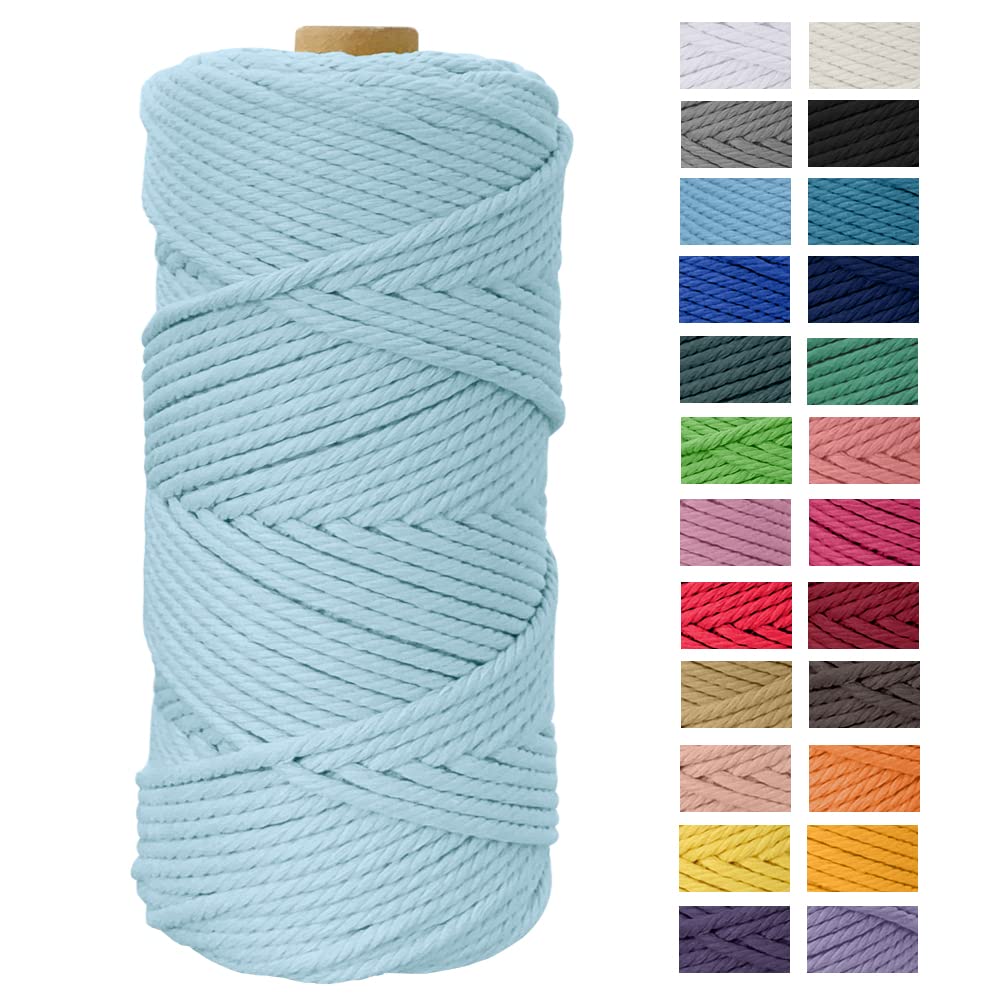 Macrame Cord 4mm x 109 Yards，JeogYong Thick Natural Cotton Cord Yarn Thread，4-Strand Twisted Spool Twine String Cotton Rope DIY Crafts，Wall Hangings，Plant Hangers，Home Decor(Light Blue) (a220-FT)