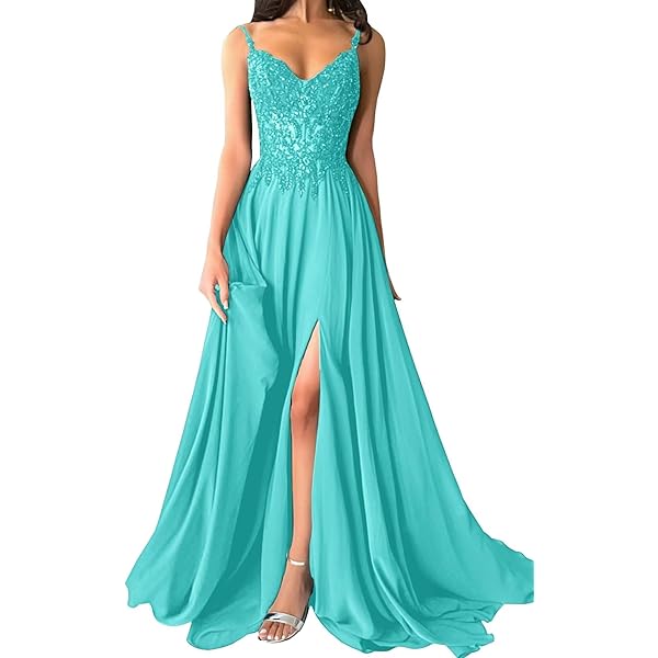 Amazon.com: Ksyfinmag Prom Dresses Satin Lace Appliques V Neck Formal  Dresses for Women Spaghetti Straps A Line Evening Gown with Slit Aqua Blue  US2 : Clothing, Shoes & Jewelry