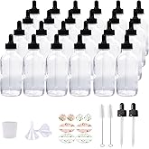 HWASHIN 24 Pack 4oz Clear Glass Bottles with Glass Eye Droppers for Essential Oils, Perfumes & Lab Chemicals (2 Brushes, 2 Funnels, 2 Extra Droppers, 36 Pieces Labels & 30ml Measuring Cup Included)