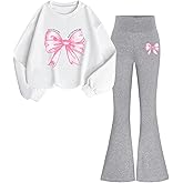 WDIRARA Girl's 2 Piece Set Bow Graphic Long Sleeve Sweatshirt Flare Pants Outfits
