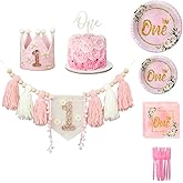 First Birthday Party Bundle – Includes disposable tableware set for the 1st Birthday, crown, topper, and high chair banner, serves 20 guests. (Pink Floral Theme)