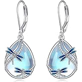 Dragonfly/Butterfly/Bee/Hummingbird/Owl/Cat/Axolotl Earrings for Women Sterling Silver Moonstone Cat'Eye Stone Turquoise Lapis Lazuli Onyx Opal Dangle Jewelry Gifts for Women