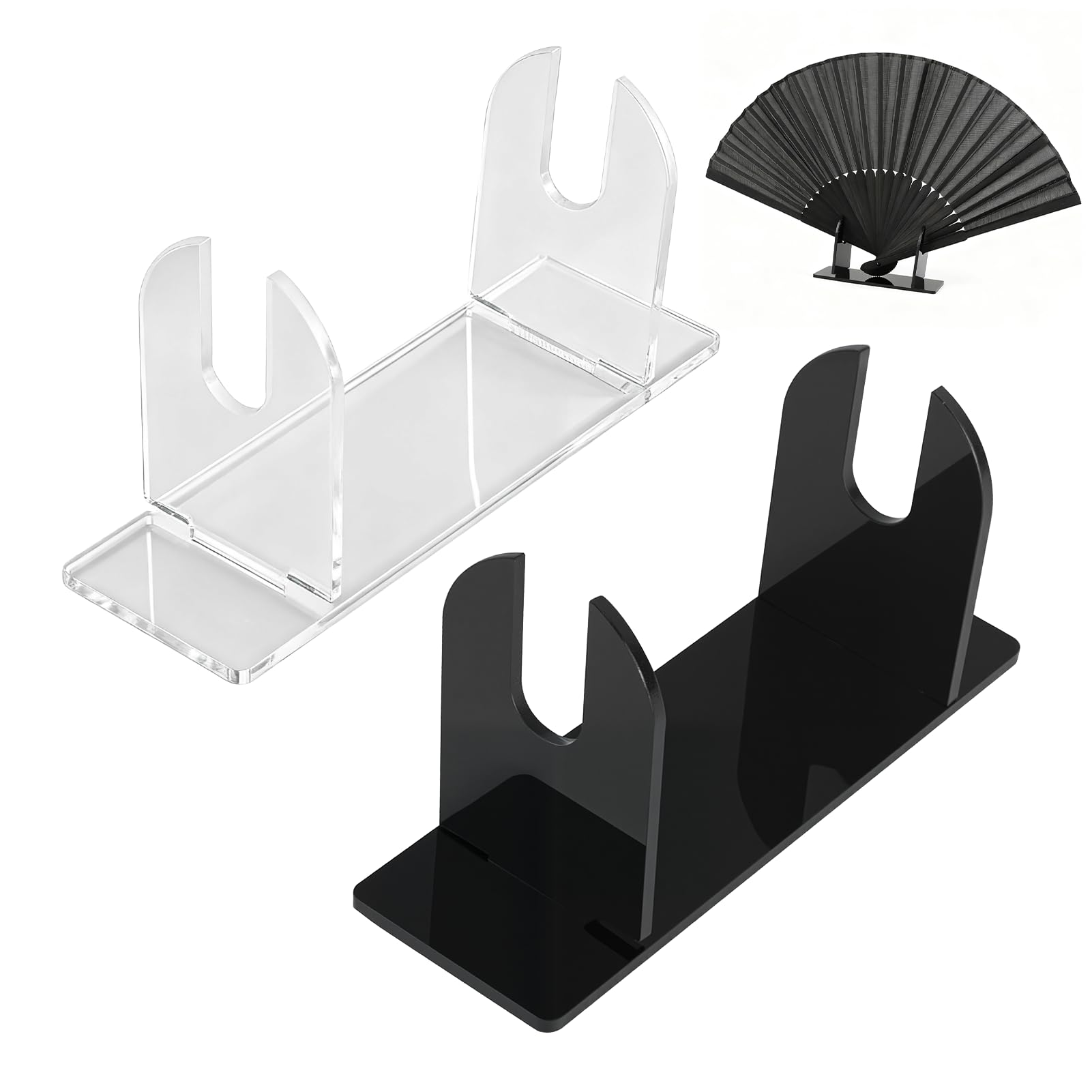 Photo 1 of **PARTIAL SET/ 1 IS FUNCTIONAL & 1 IS BROKEN ***** 2 Pcs Acrylic Fan Display Stand, Japanese Chinese Hand Fan Stand Organizer Storage Rack for Traditional Cireular (Black & Clear)
