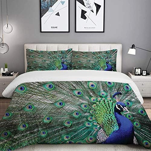 MIGAGA Duvet Cover Set, Peacock Displaying Elongated Majestic Feathers Open Wings Picture, Custom 3 Piece Bedding Set with 2 Pillow Shams, King Size