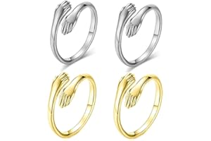 PINGYONGCHANG 4 Pieces Hugging Hands Rings Gold Silver Hands Embrace Open Rings Adjustable Couple Hug Rings Romantic Lover Wedding Ring Jewelry Gifts
