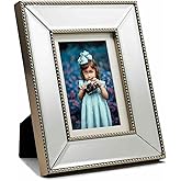 YUNDINGJI 5x7 Mat 4x6 Beveled Clear Mirror Champagne Silver Pearl Dot Photo Frame-Organic Glass Black Velvet Back Panel for Family,Wedding,Festival,Art,Wall,Tabletop,Decoration and Display.