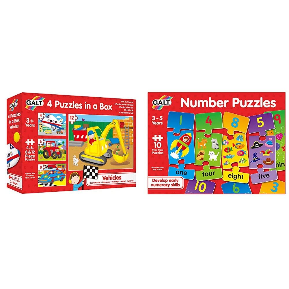 Galt Toys Vehicles 4 Puzzles in a Box & Number Puzzles