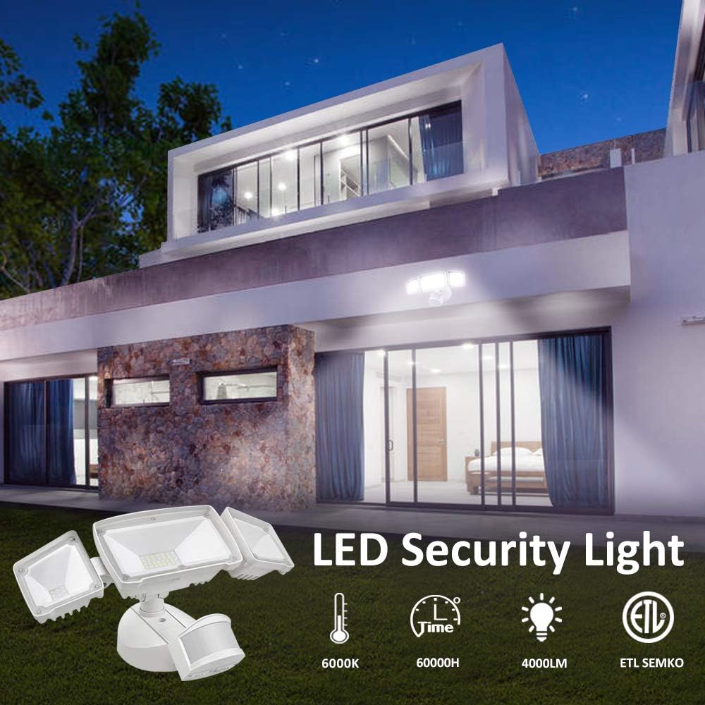 Harmonic LED Security Lights Outdoor 4000LM, 42W 6000K Super Bright Motion Sensor Light, 3 Adjustable Head, IP65 Waterproof Flood Light Outdoor for Entryways, Stairs, Yard and Garage - - 