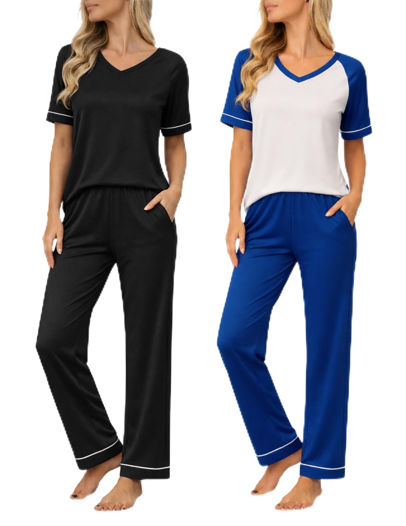 Ekouaer Womens 2 Pack Pajama Set Short & Long Sleeve Pajamas Top and Pants V Neck Pjs Set Soft Loungewear with Pockets Black,champagne Image