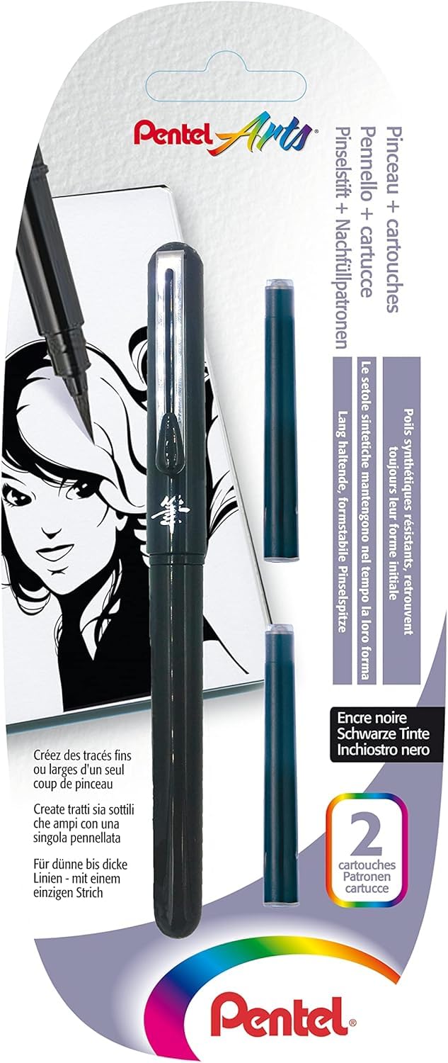 Pentel Pocket Brush Pen Brush Pigment Refillable Black Ink 1 pinceau + 2 recharges black