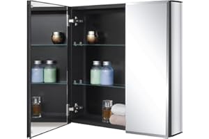 Fundin Black Aluminum Medicine Cabinet 24 x 24 Inch Recessed or Surface Mount, with Double Door and Adjustable Shelves.
