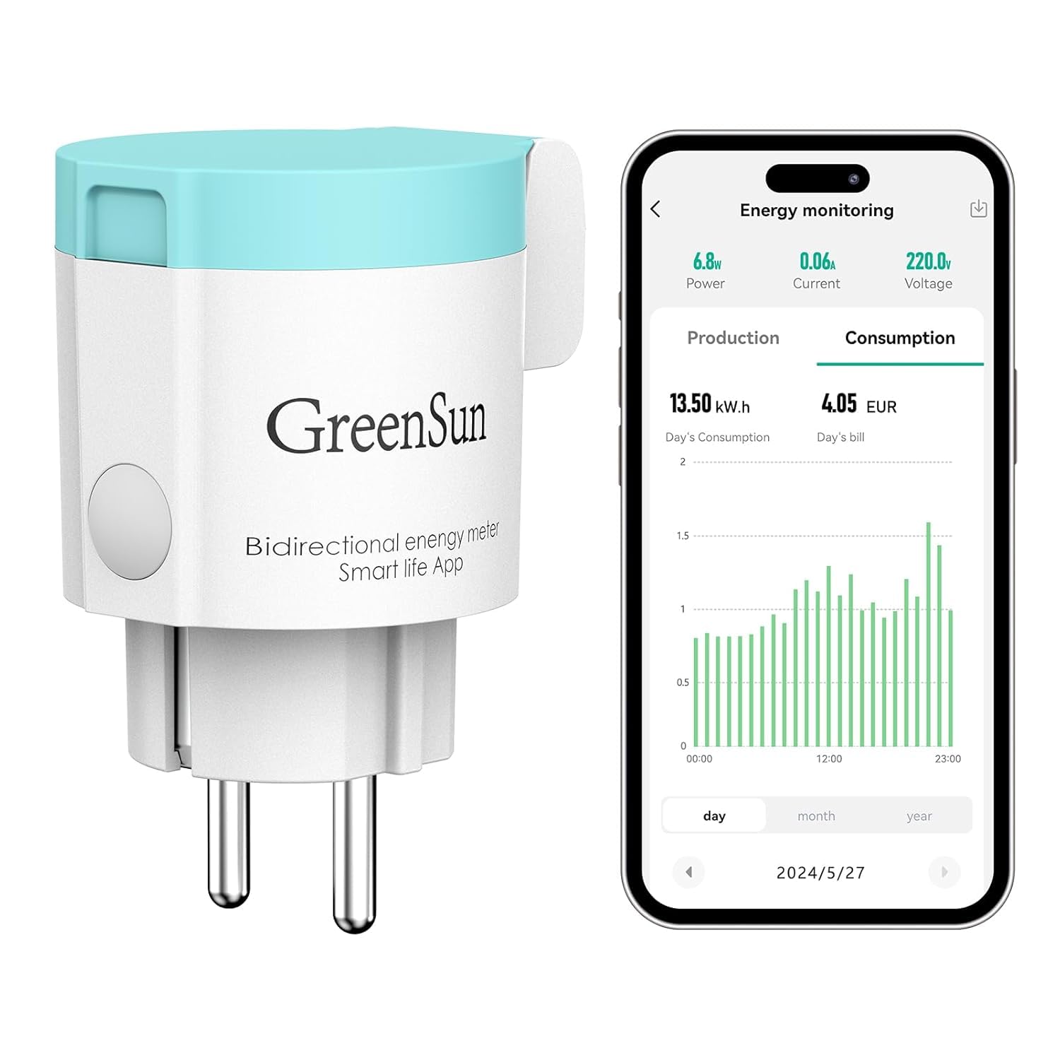 GreenSun Outdoor Stromzähler für Balkonkraftwerk, IP44 WLAN Steckdose mit Einspeisezähler & Strommessung, Smart Life App, Zeitschaltuhr, Alexa/Google, PV 16A, 2,4 GHz