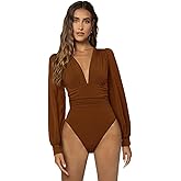 WDIRARA Women's Deep V Neck Ribbed Bodysuit Long Sleeve Skinny Bodycon Basic Bodysuit Tops