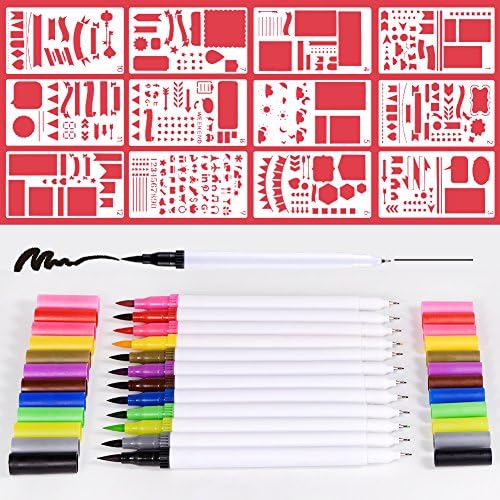 Bullet Journal Pens and Stencils, Bullet Journal Supplies, Bullet Journal Kit with12 Drawing Template and 12 Dual Tip Art Fineliner Markers, Creative Notebook Diary Scrapbook Templates Planner Set
