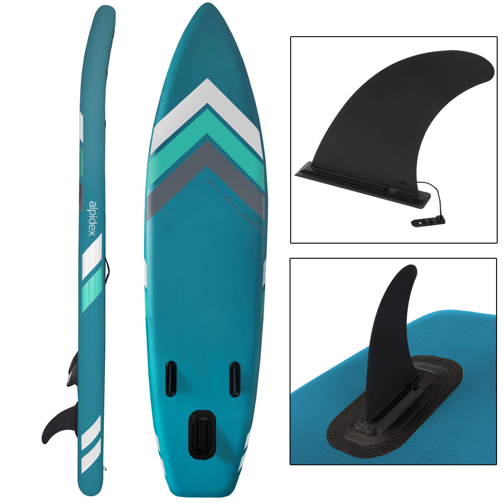 ALPIDEX Stand Up Paddle Set SUP 305 x 76 x 15 cm Belastbar bis 150 kg Aufblasbar Stabil Leicht Komplett Set Tragetasche Paddel Finnen Luftpumpe Leash Repair Kit, Farbe:Petrol 3
