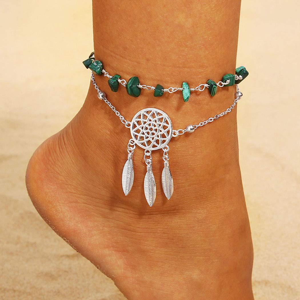 Yean Boho Turquoise Ankle Silver Feather Pendant Anklet Bracelet Summer Beach Anklets Accessories Foot Jewelry for Women and Girls