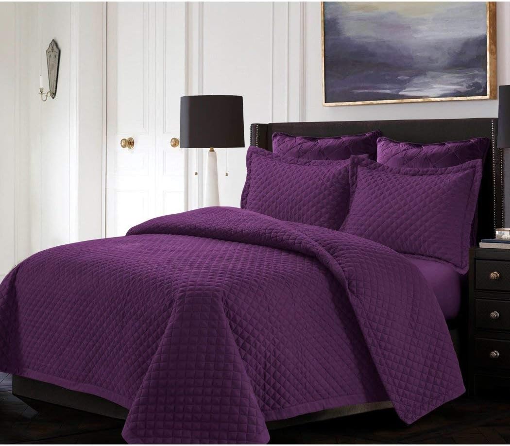 UKN 3 Piece Purple Solid Geometric Pattern Oversized Quilt