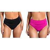 COCOPEAR Full Coverage Bikini Bottoms for Women Mid Rise Bathing Suit Bottoms for Women Ruched Tummy Control Swim Bottoms