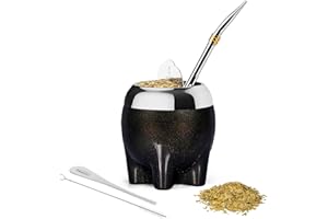 Cuopru Premium Yerba Mate Cup 5 in 1 Set, Including Stainless Steel Gourd (Glitter Stars, Cute Elephant Style) Bombilla Straw