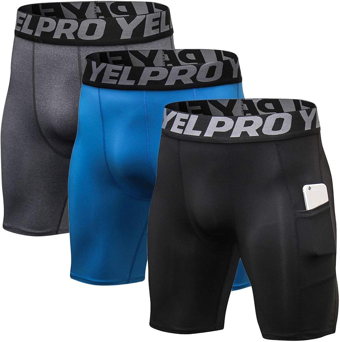Mens Running Compression Shorts with Pocket Workout Cool Dry Underwear 3 Pack: Clothing