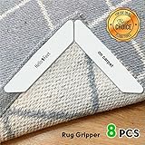 Rug Gripper Pads - Anti Curling Non Slip Carpet Anchors (8 pcs) - Super Sticky Reusable Rug Holders - Perfect for Wood Tile Laminate Floor - Flatten Corners and Stop Slipping