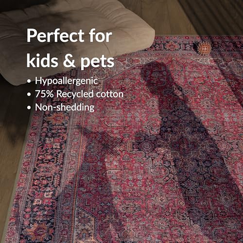 artyrugs Machine Washable Rug, 152x213cm, 75% Recycled Cotton, Short Pile, Non-Slip Backing, Non-Shedding, Suitable for Living Room, Bedroom, Kitchen, Hallway, Office, Aesthetic Crimson Red