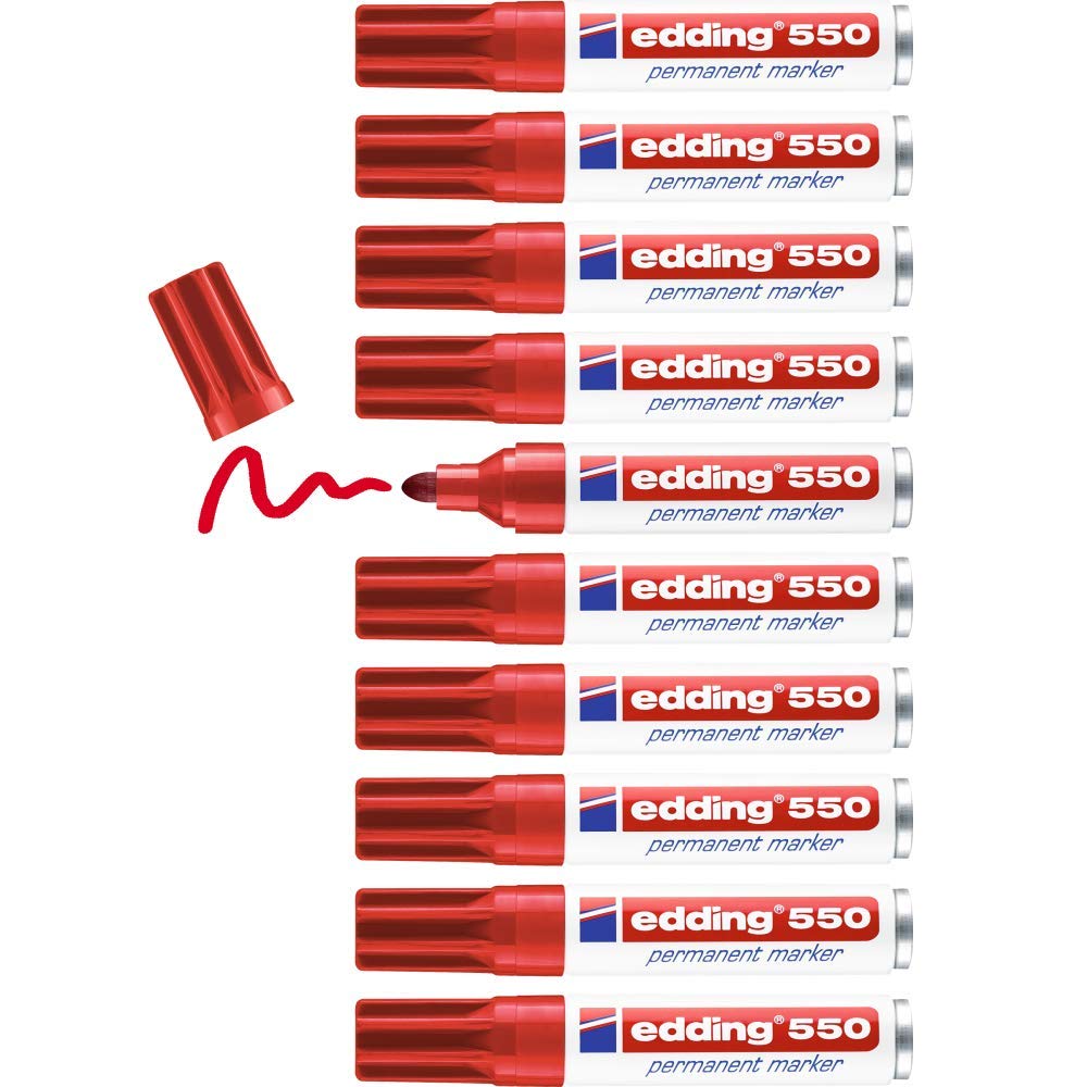 edding 550 permanent marker - red - 10 pens - round tip 3-4 mm - waterproof, quick-drying, smear-proof pens - for cardboard, plastic, wood, metal, glass and fabric