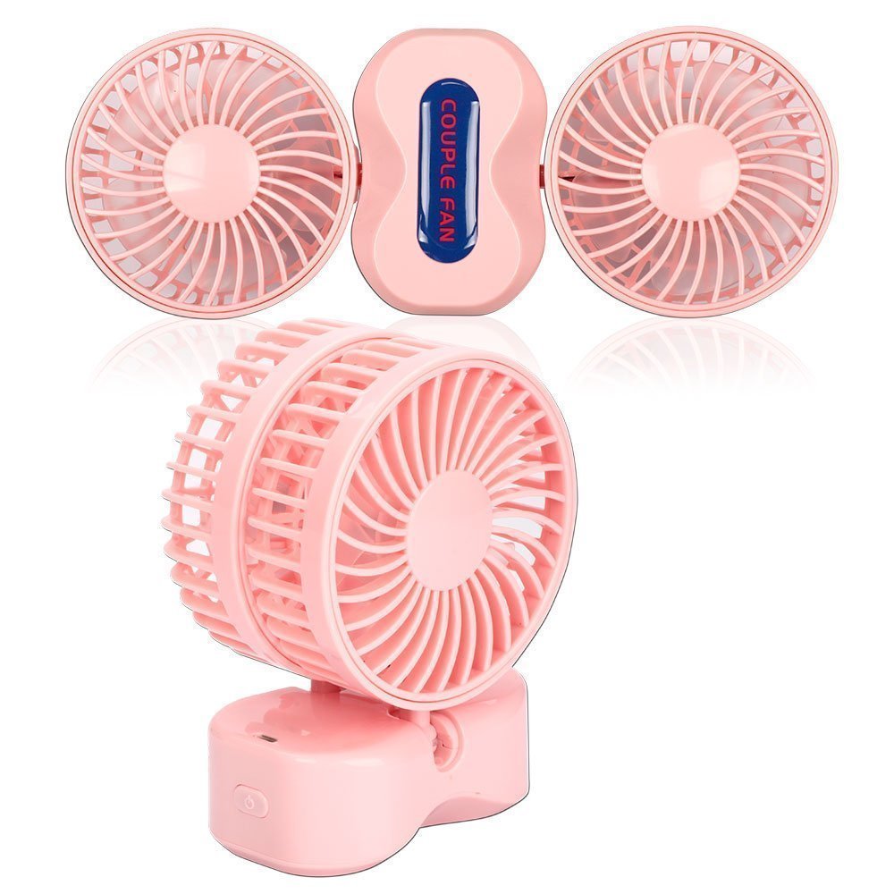 DinoPure Quiet Couples Mini Fan Portable Dual Head USB Rechargeable Foldable 180 Degree Rotation Desktop 3 Adjustable Speed Small Fan with LED Light (pink)