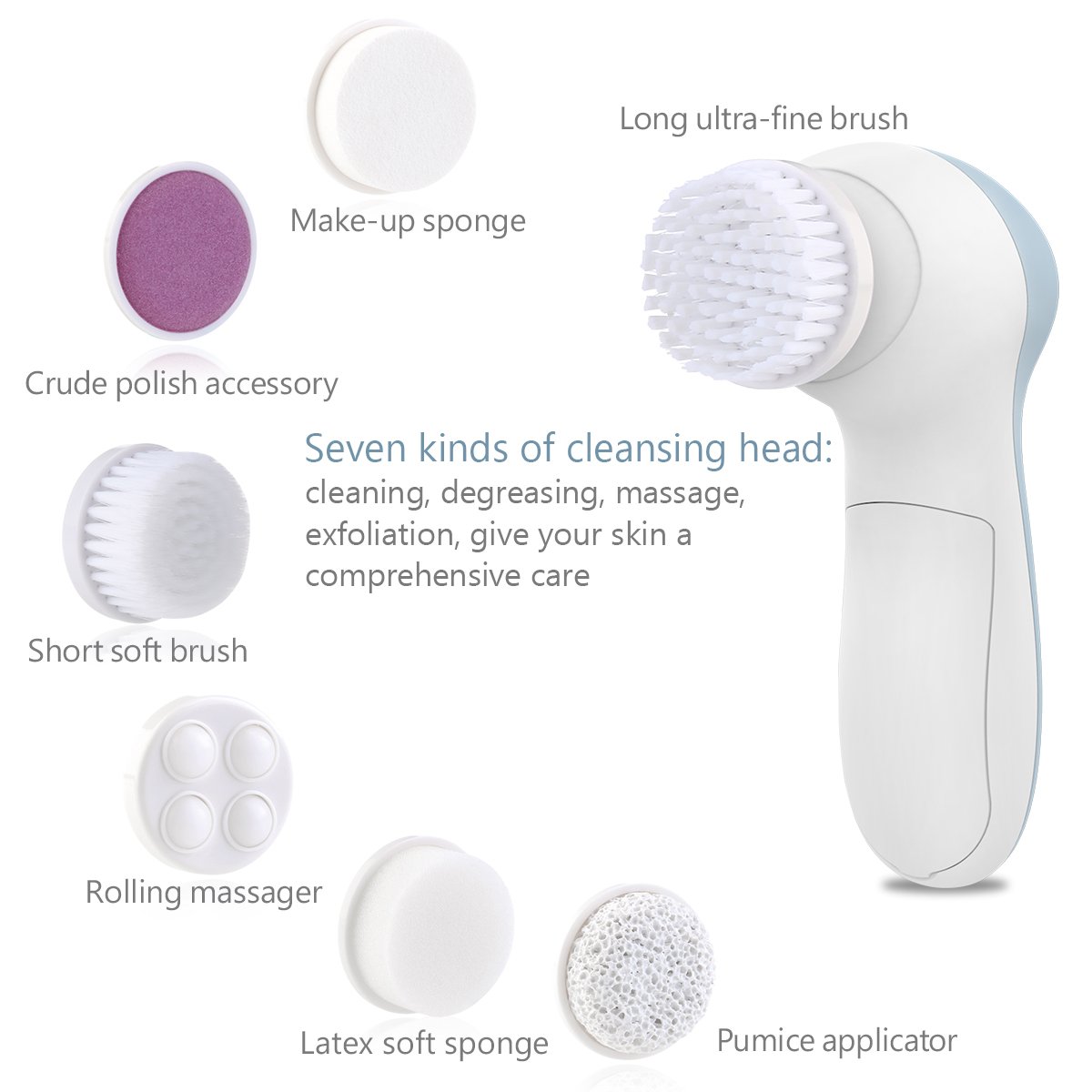 PIXNOR P2017 Waterproof Facial Cleansing Brush and Massager with 7 Brush Heads for Removing Blackhead, Exfoliating and Massaging (Light Blue): Beauty