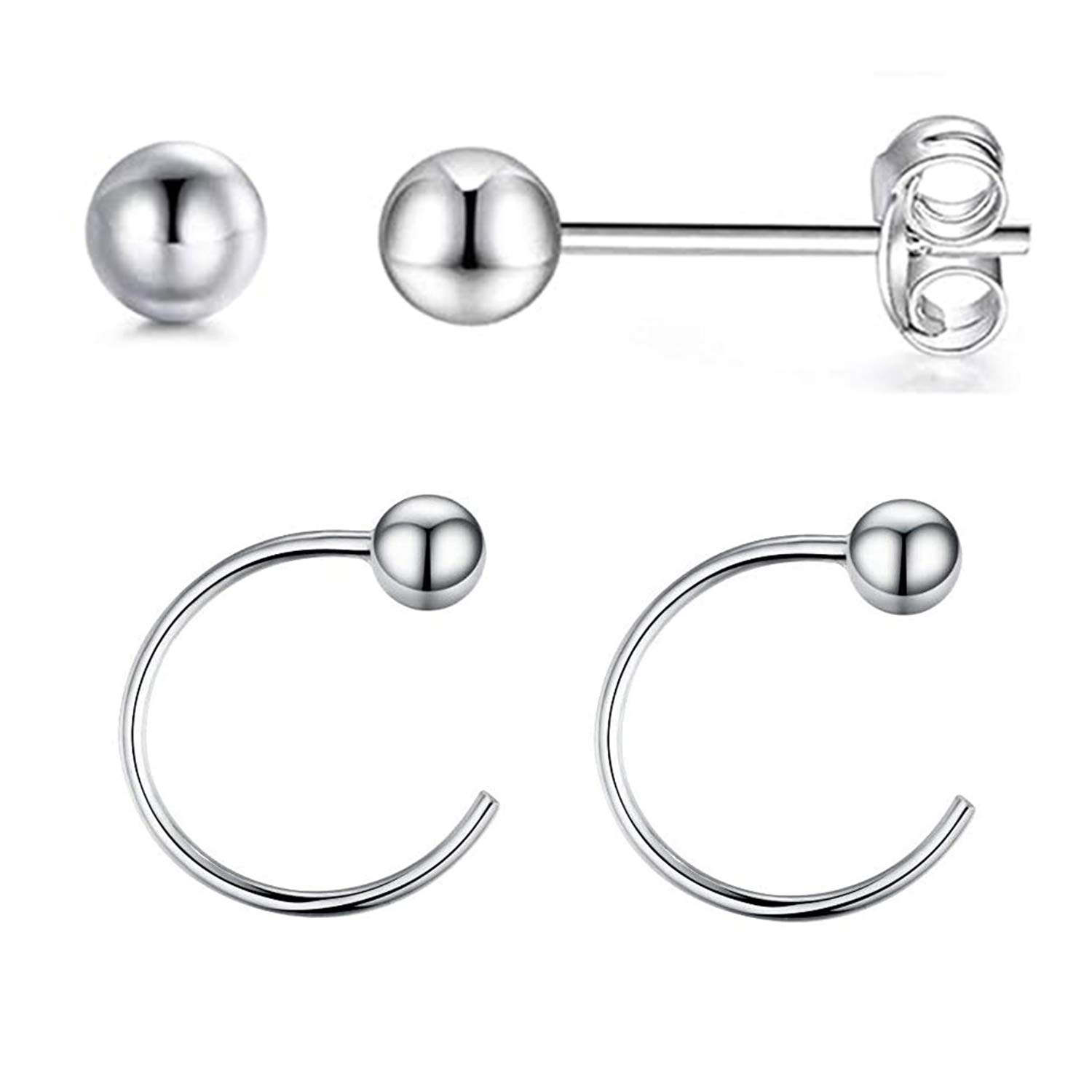 Small Half Hoops Huggie Studs Earrings for Cartilage Lobe Women Girls Sterling Silver Cuff Wrap Hypoallergenic 3mm Ball