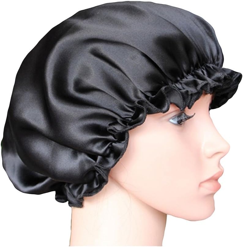 Porlox Natural Silk Sleep Night Cap Sleeping Beanie Hat Black