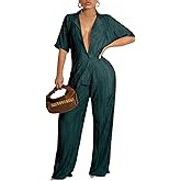 Ekaliy Women's 2 Piece Casual Pleated Outfits Short Sleeve Button Down Shirt High Waist Wide Leg Trouser Sets Suit