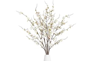 5 Pcs White Artificial Plum Blossom Flowers Faux Silk Cherry Blossom Long Stems Artificial Silk Flower for Flowers Arrangemen
