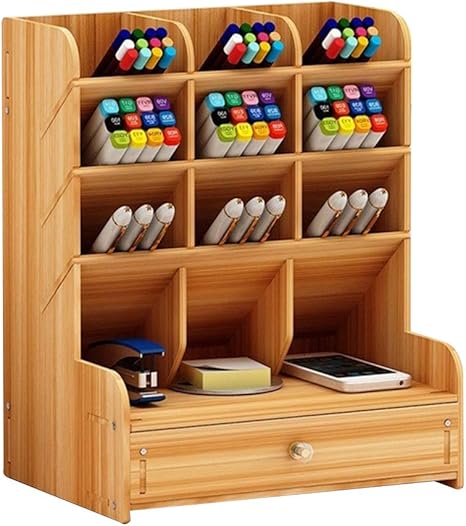 Amazon Zining 木製文房具ペンデスクトップ収納ボックス引き出し デスクトップ収納収納ラックテーブル収納本収納ディスプレイラック 調節可能な 収納事務用品 ベージュ 褐色 黒 収納ケース ボックス オンライン通販