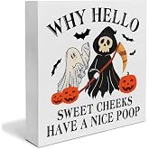 Funny Halloween Bathroom Wood Box Sign Decor Spooky Why Hello Sweet Cheeks Black Block Sign for Restroom Toilet Shelf Table Wall Decorations