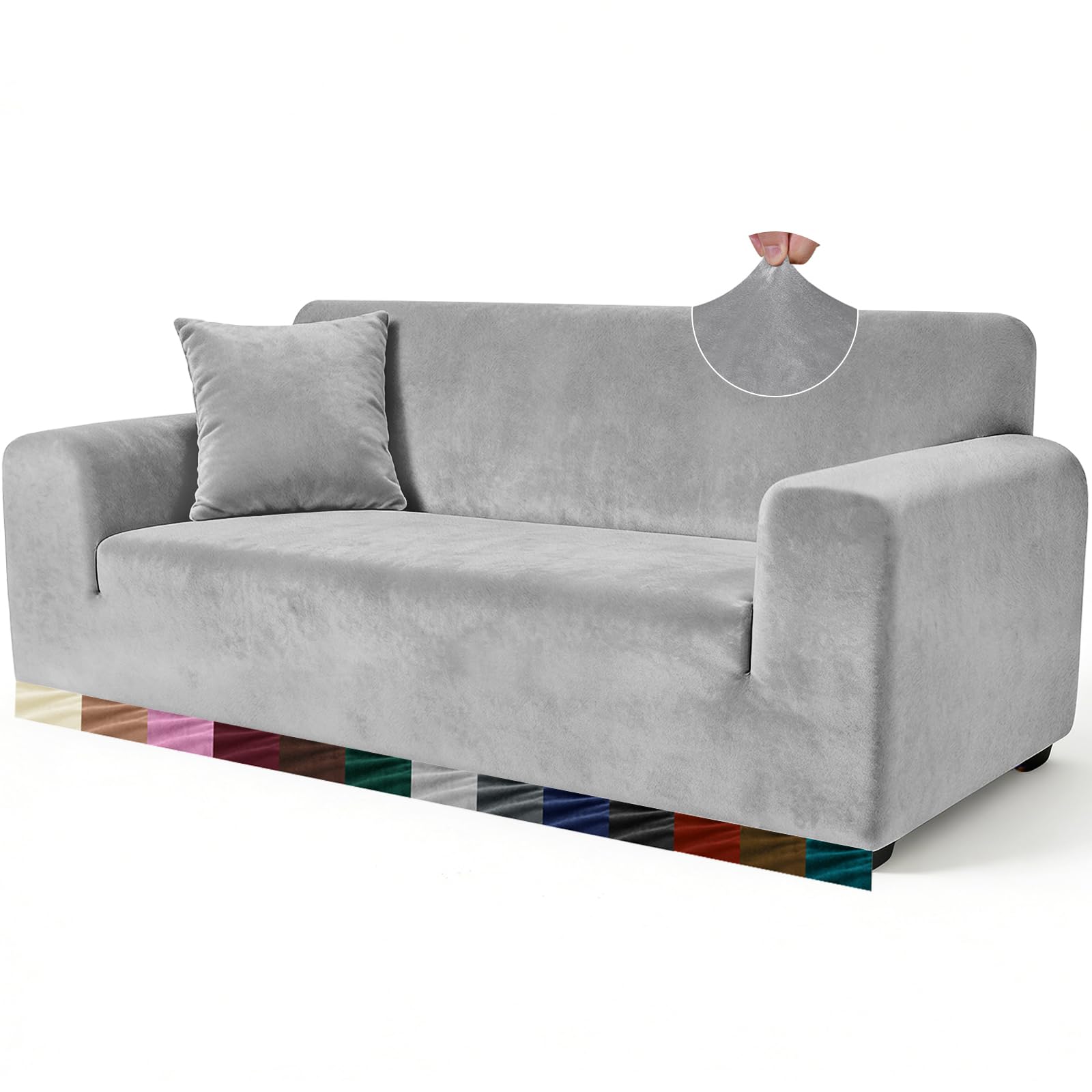 Yeahmart Thick Velvet Sofa Covers 1 Seater - Premium Stretch Couch Cover Armchair Slipcover - Soft Furniture Protector for Pets - Includes Foam Rods for Non-Slip Fit - Machine Washable, Light Grey